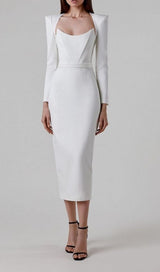 SQUARE SHOULDER CORSET MIDI DRESS IN WHITE styleofcb