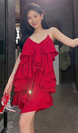 V NECK SLEEVELESS MINI DRESS IN RED DRESSES styleofcb