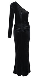 VELVET DIAMOND ONE SHOULDER SPLIT MAXI DRESS IN BLACK styleofcb