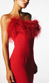 STRETCH STRAPLESS FEATHER TRIMMED GOWN IN RED styleofcb