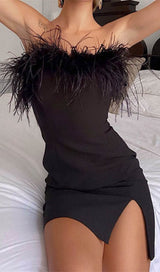 STRAPLESS FEATHER MINI DRESS IN BLACK styleofcb
