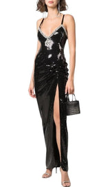 SEQUIN CRYSTAL V NECK MAXI DRESS IN BLACK styleofcb