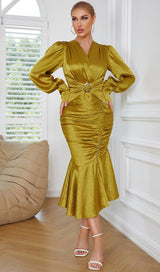 LONG SLEEVES RUCHED MIDI DRESS IN YELLOW Dresses styleofcb