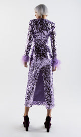 SEQUIN PATCHWORK PLUSH CUFF DRESS IN PURPLE styleofcb
