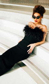 FEATHER BODYCON MAXI DRESS IN BLACK Dresses styleofcb