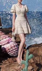 LACE V-NECK MIDI DRESS IN WHITE DRESS STYLE OF CB