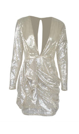 SEQUIN DEEP V-NECK PLEATED BOTTOM MINI DRESS IN SILVER styleofcb