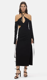 STRAPLESS STRAPPY SLIT DRESS IN BLACK DREESES styleofcb
