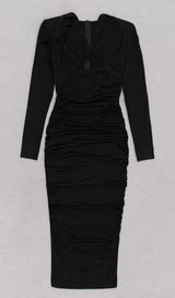 LONG SLEEVED V NECK PLEATED MIDI DRESS IN BLACK DREESES styleofcb