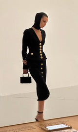 V-NECK METAL BUTTON DECORATIVE SLIM FIT SKIRT IN BLACK styleofcb