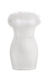 SEQUIN FEATHER STRAPLESS MINI DRESS IN WHITE styleofcb