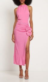 HALTERNECK DRAPED APPLIQUÉD STRETCH-JERSEY MIDI DRESS styleofcb