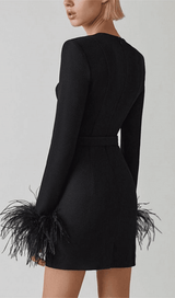 STRETCH LONG SLEEVES FEATHER MINI DRESS IN BLACK Dresses styleofcb