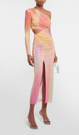 MESH RHINESTONE ONE SHOULDER MIDI DRESS IN COTTON CANDY DRESS STYLE OF CB