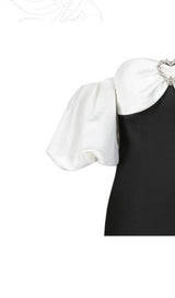 OFF SHOULDER BLACK AND WHITE PATCHWORK MINI DRESS styleofcb