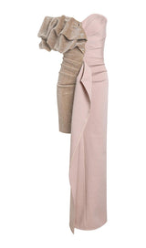 RUCHED STRAPLESS SPLICING MIDI DRESS styleofcb