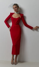 SQUARE SHOULDER CORSET MIDI DRESS IN RED styleofcb