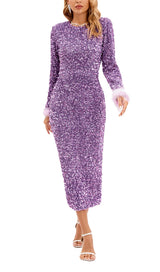 SEQUIN PATCHWORK PLUSH CUFF DRESS IN PURPLE styleofcb