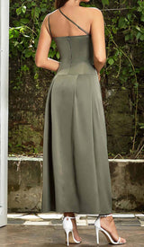 A-SILHOUETTE SATIN MIDI DRESS IN OLIVE DRESS sis label