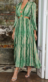 ALLOVER PRINT CUT OUT PUFF SLEEVE DRESS IN EMERALD GEMSTONE DRESS STYLE OF CB