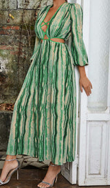 ALLOVER PRINT CUT OUT PUFF SLEEVE DRESS IN EMERALD GEMSTONE DRESS STYLE OF CB