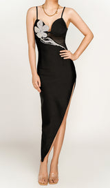 ASYMMETRIC CRYSTAL FLOWER DRESS IN BLACK Dresses styleofcb