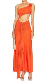 ASYMMETRIC RUCHED JERSEY MAXI DRESS IN ORANGE DRESS sis label