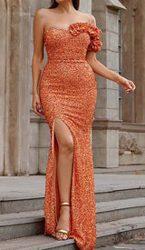 ASYMMETRIC SEQUIN MAXI DRESS IN ORANGE DRESS sis label
