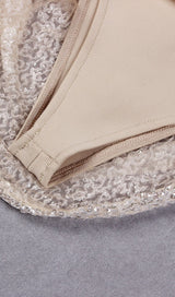 ASYMMETRIC SEQUIN RUCHED MINI DRESS IN BEIGE Dresses styleofcb