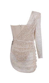 ASYMMETRIC SEQUIN RUCHED MINI DRESS IN BEIGE Dresses styleofcb