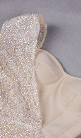 ASYMMETRIC SEQUIN RUCHED MINI DRESS IN BEIGE Dresses styleofcb