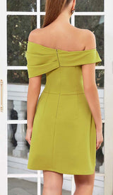 ASYMMETRICAL NECK RUFFLE MINI DRESS IN GREEN DRESS STYLE OF CB