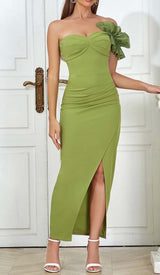 ASYMMETRICAL NECK SPLIT THIGH MIDI DRESS IN GREEN styleofcb