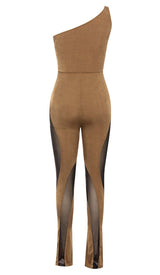 ASYMMETRICAL PATTERN MESH JUMPSUIT IN BROWN DRESS STYLE OF CB
