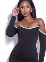 Annika Black Off Shoulder Long Sleeve Corset Dress With Crystal Trim Dresses Oh CiCi