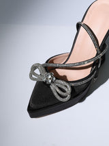BOW CRYSTAL SATIN HEELS IN BLACK Shoes styleofcb