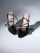 BOW CRYSTAL SATIN HEELS IN BLACK Shoes styleofcb