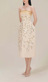 BANDEAU PRINTED JUNGLE MIDI DRESS IN BEIGE DRESS STYLE OF CB