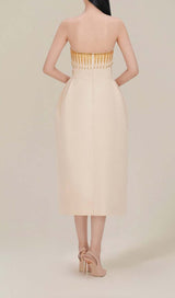 BANDEAU PRINTED JUNGLE MIDI DRESS IN BEIGE DRESS STYLE OF CB