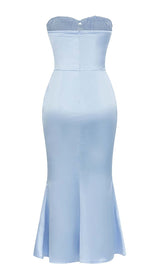 BANDEAU SATIN SLIT MIDI DRESS IN SKY BLUE DRESS STYLE OF CB