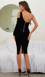 BLACK ONE SHOULDER VELVET MIDI DRESS styleofcb