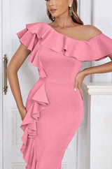 BODYCON RUFFLE MIDI DRESS IN PINK styleofcb