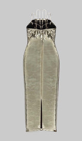 BODYCON FAUX LEATHER MIDI DRESS IN GOLD METALLIC DRESS STYLE OF CB