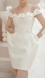 BOW-EMBELLISHED POCKET MIDI DRESS IN WHITE DRESS STYLE OF CB