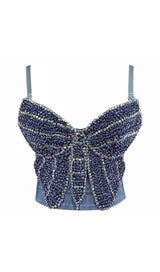 BOW-EMBELLISHED DENIM CROPPED TOP IN NAVY BLUE DRESS STYLE OF CB