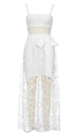 BOW-EMBELLISHED LACE MIDI DRESS IN WHITE DRESS STYLE OF CB