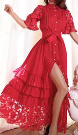 BREASTED STITCHING LACE MAXI DRESS IN RED DRESS STYLE OF CB