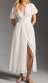 BUTTON-FRONT PUFFED SLEEVES MAXI DRESS IN WHITE DRESS STYLE OF CB