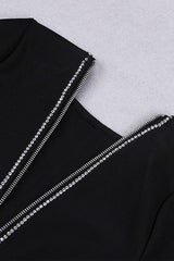LONG SLEEVE CRYSTAL BANDAGE MIDI DRESS IN BLACK LEATHERETTE PIECES styleofcb