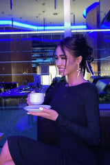 LONG SLEEVE CRYSTAL BANDAGE MIDI DRESS IN BLACK LEATHERETTE PIECES styleofcb